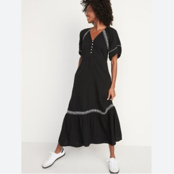 NEW Old Navy Maxi Peasant Dress XL Crinkle Crepe Embroidered Swing Black Boho - Picture 13 of 13